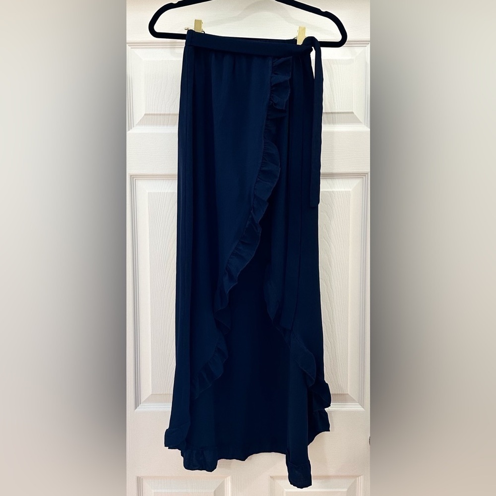 Dark Navy Blue Ruffle Trim Faux Wrap Maxi Skirt sz XS